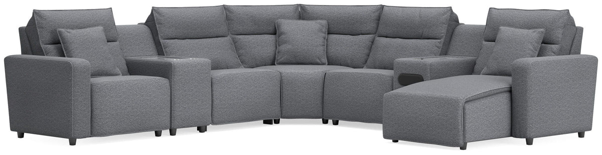 Modmax II - 7-Piece Power Reclining Sectional With RAF Press Back Power Chaise, Console And Audio System - Salt And Pepper - Next-Gen Nuvella