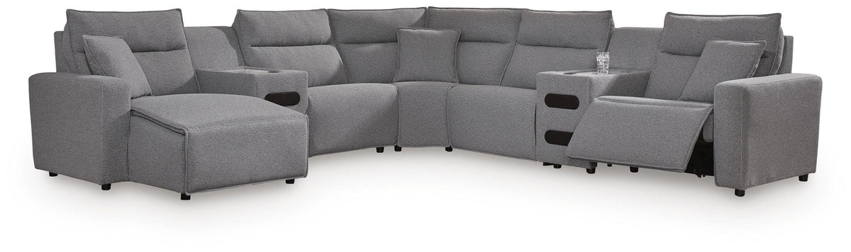 Modmax II - 7-Piece Power Reclining Sectional With LAF Press Back Power Chaise And Audio Consoles - Salt And Pepper - Next-Gen Nuvella
