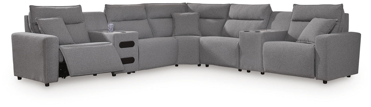 Modmax II - 7-Piece Power Reclining Sectional With Console And Audio Console - Salt And Pepper - Next-Gen Nuvella