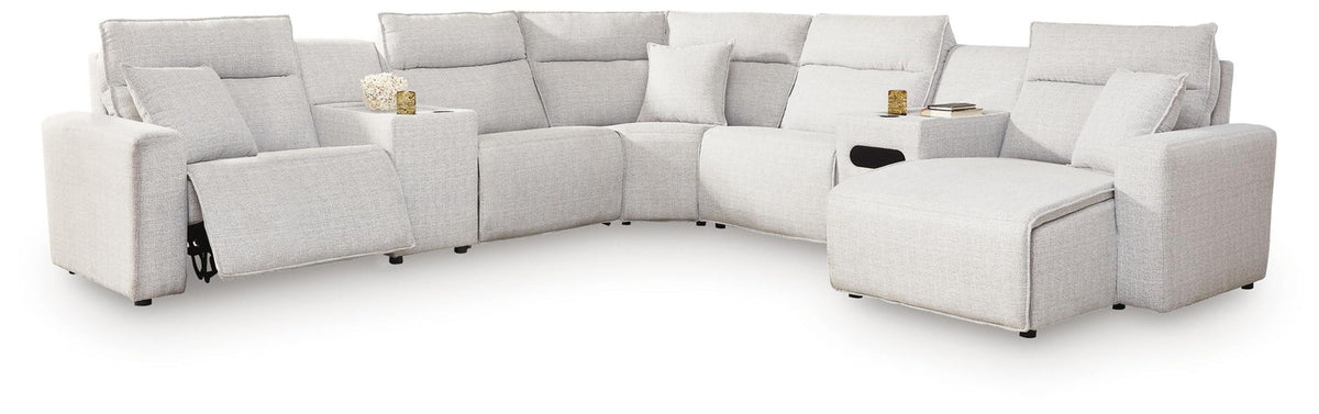 Modmax II - 7-Piece Power Reclining Sectional With RAF Press Back Power Chaise, Console And Audio Console - Stone - Next-Gen Nuvella