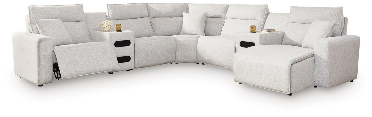 Modmax II - 7-Piece Power Reclining Sectional With RAF Press Back Power Chaise And Audio Consoles - Stone - Next-Gen Nuvella