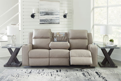 Lavenhorne - Reclining Sofa W/ Drop Down Table - Faux Leather - Pebble