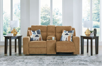 Kanlow - Dbl Reclining Loveseat With Console - Fabric - Honey