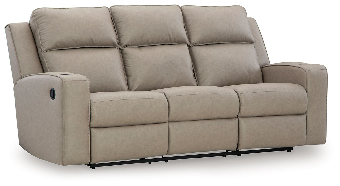 Lavenhorne - Reclining Sofa W/ Drop Down Table - Faux Leather - Pebble