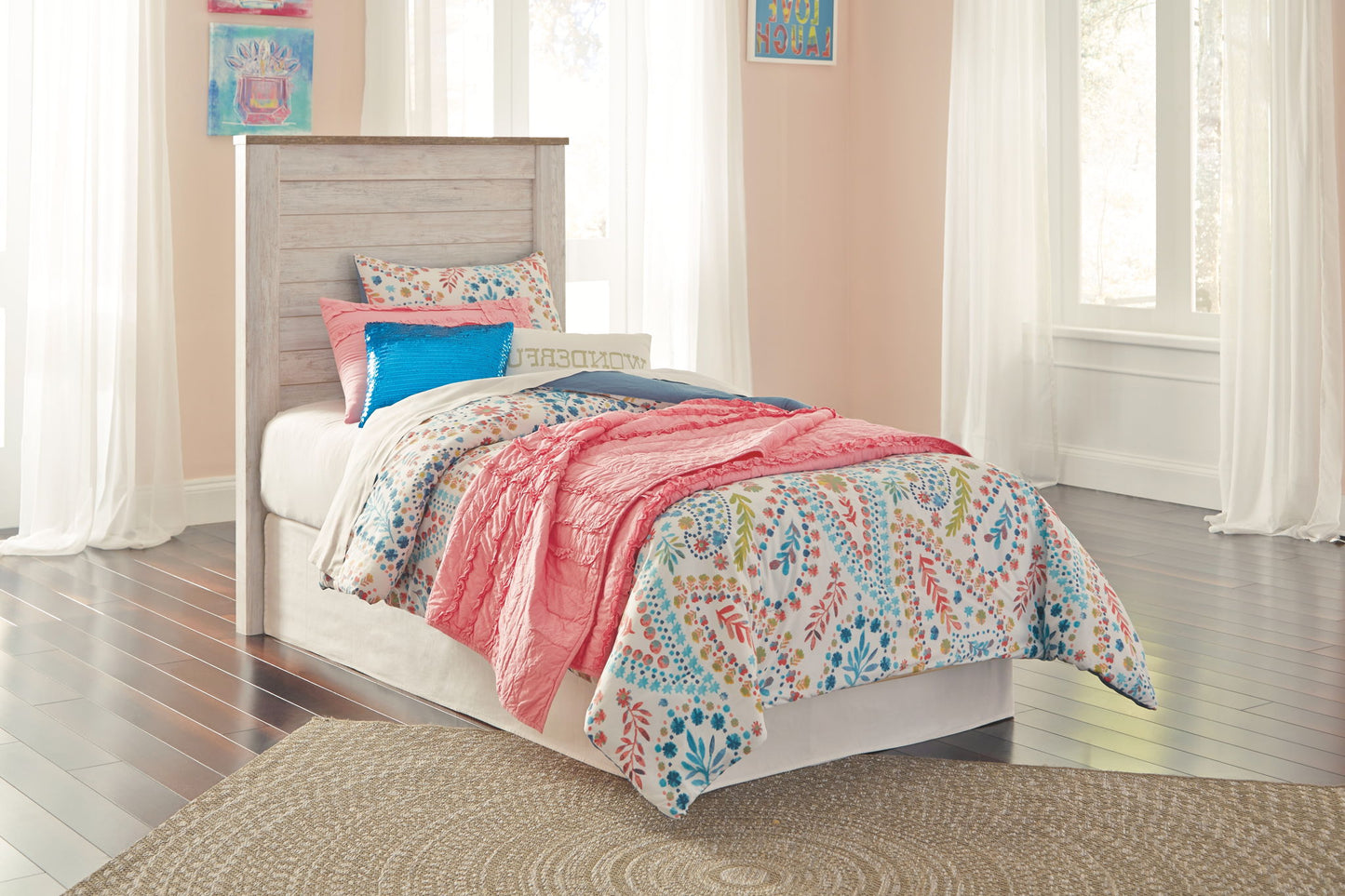 Willowton - Twin Panel Headboard with Bolt on Bed Frame - Whitewash