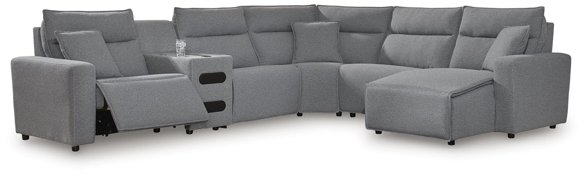 Modmax II - 6-Piece Power Reclining Sectional With RAF Press Back Power Chaise And Audio Console - Salt And Pepper - Next-Gen Nuvella