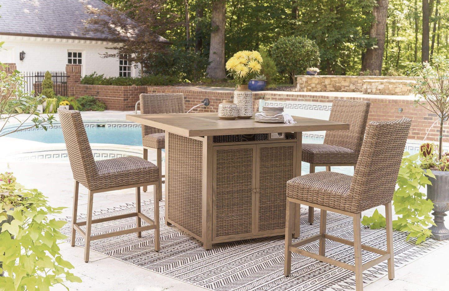 Walton Bridge - Square Bar Table W/Fire Pit - Driftwood