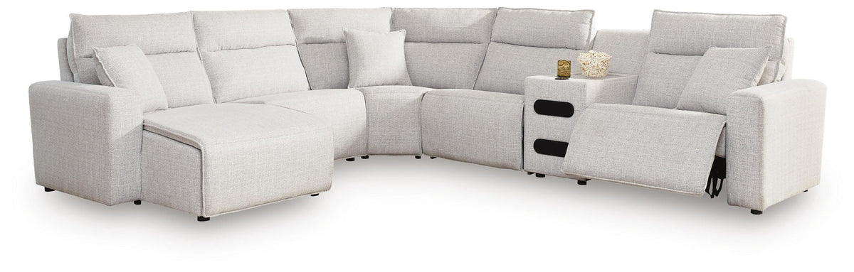 Modmax II - 6-Piece Power Reclining Sectional With LAF Press Back Power Chaise And Audio Console - Stone - Next-Gen Nuvella