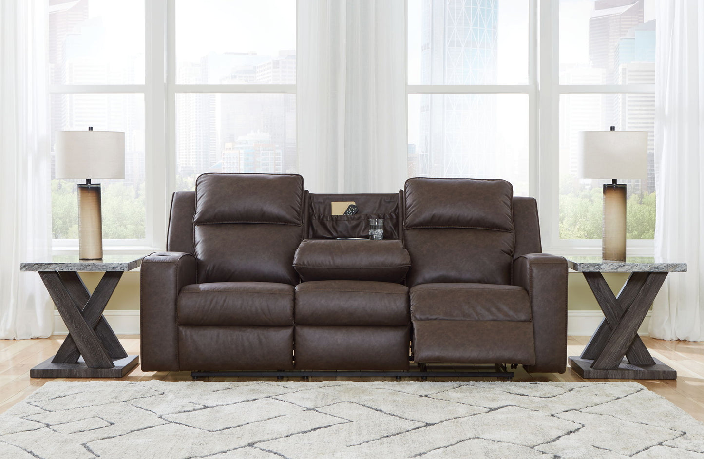 Lavenhorne - Reclining Sofa W/ Drop Down Table - Faux Leather - Granite
