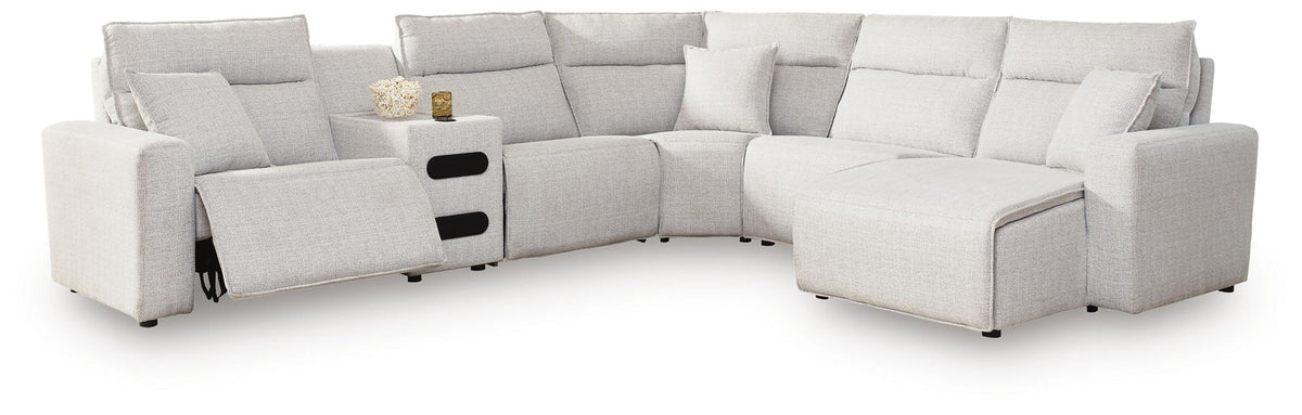 Modmax II - 6-Piece Power Reclining Sectional With RAF Press Back Power Chaise And Audio Console - Stone - Next-Gen Nuvella