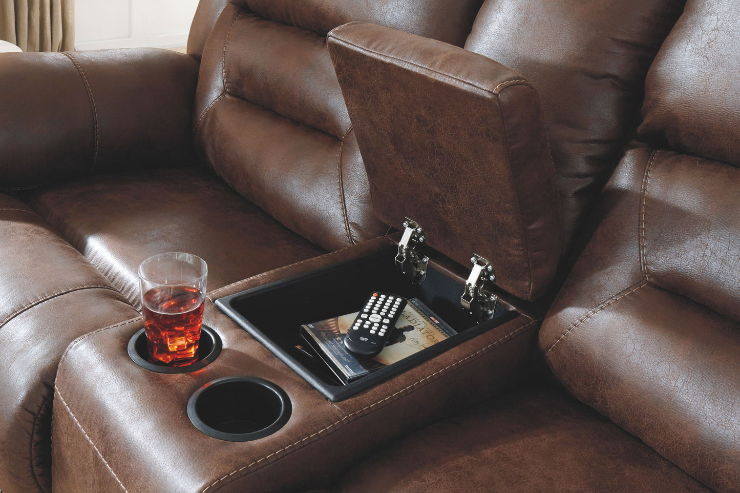 Stoneland - Dbl Reclining Loveseat with Console - Faux Leather - Chocolate