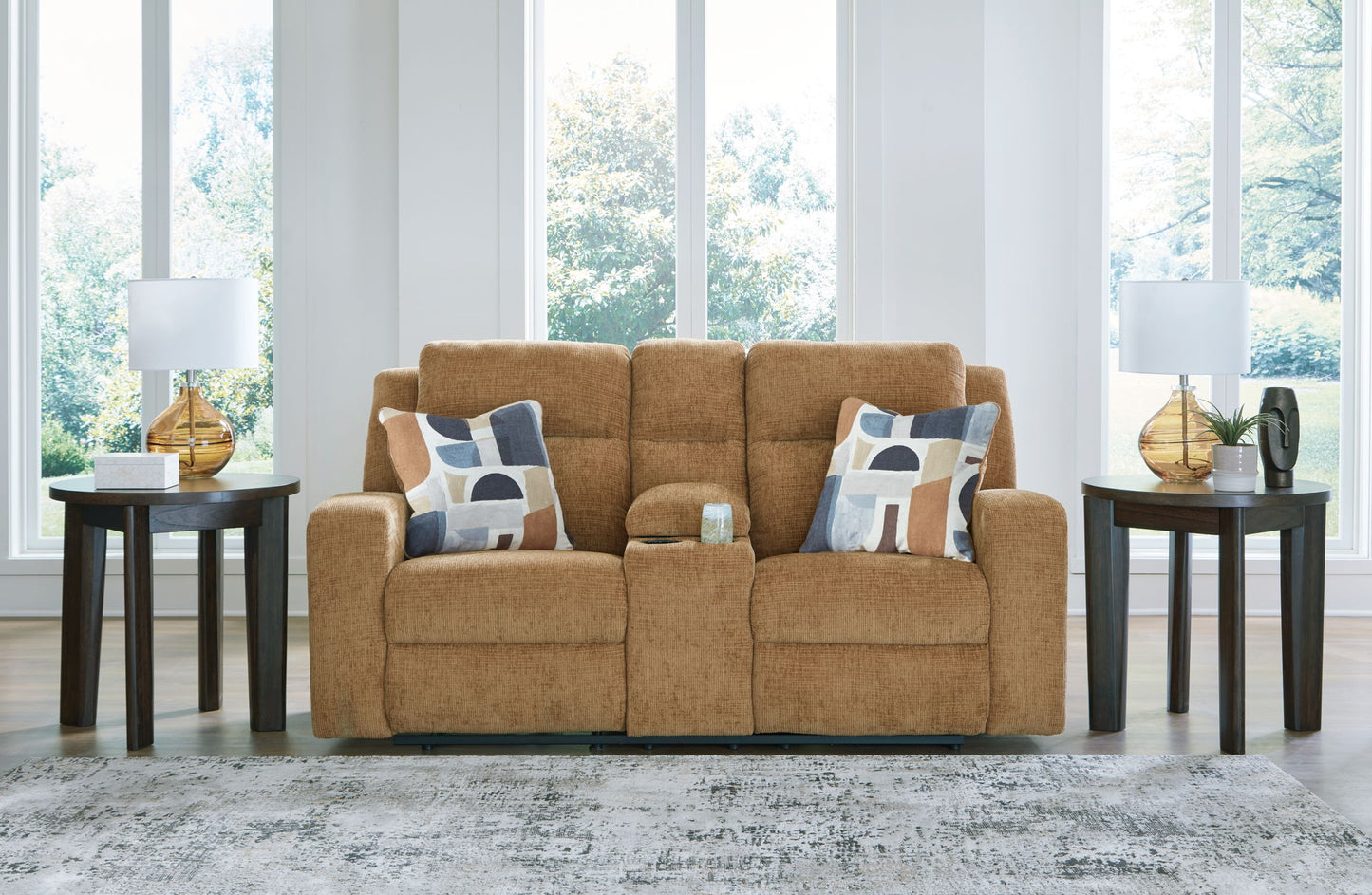 Kanlow - Dbl Reclining Loveseat With Console - Fabric - Honey