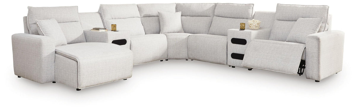 Modmax II - 7-Piece Power Reclining Sectional With LAF Press Back Power Chaise And Audio Consoles - Stone - Next-Gen Nuvella