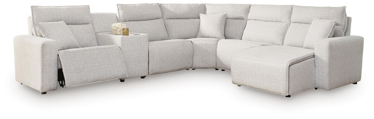 Modmax II - 6-Piece Power Reclining Sectional With RAF Press Back Power Chaise And Console - Stone - Next-Gen Nuvella